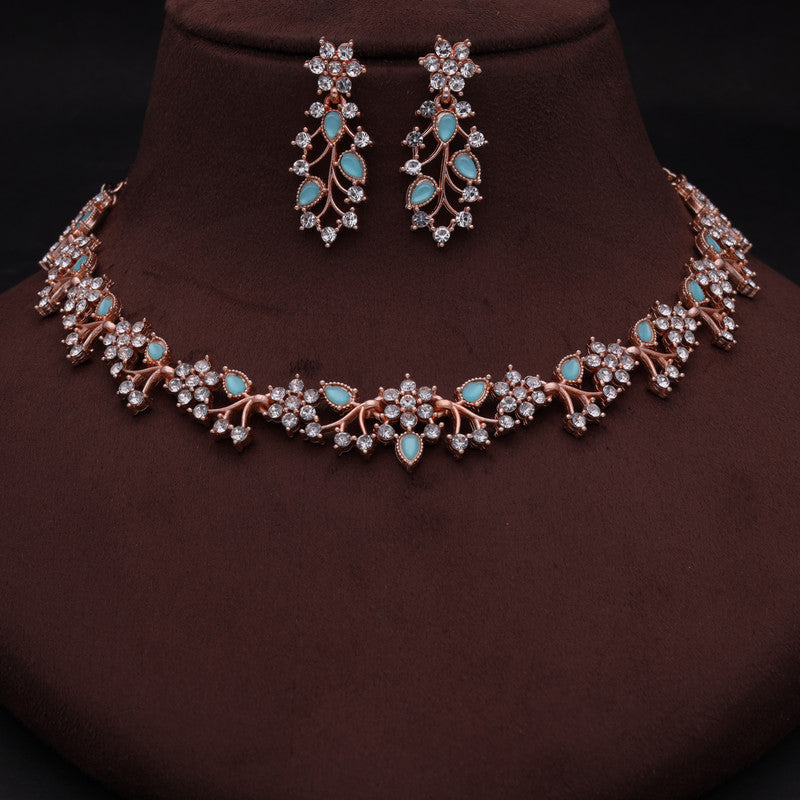 Tehzeeb Creations Rose Gold Pleated White Diamond With Sky Blue Beads Necklace Set - Swadesiicart