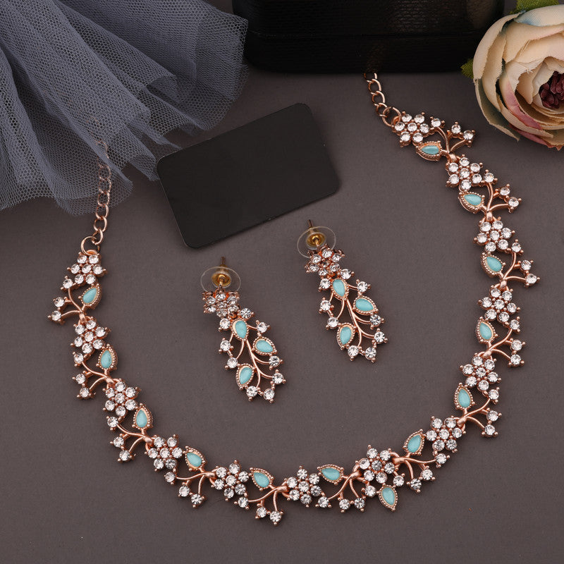 Tehzeeb Creations Rose Gold Pleated White Diamond With Sky Blue Beads Necklace Set - Swadesiicart