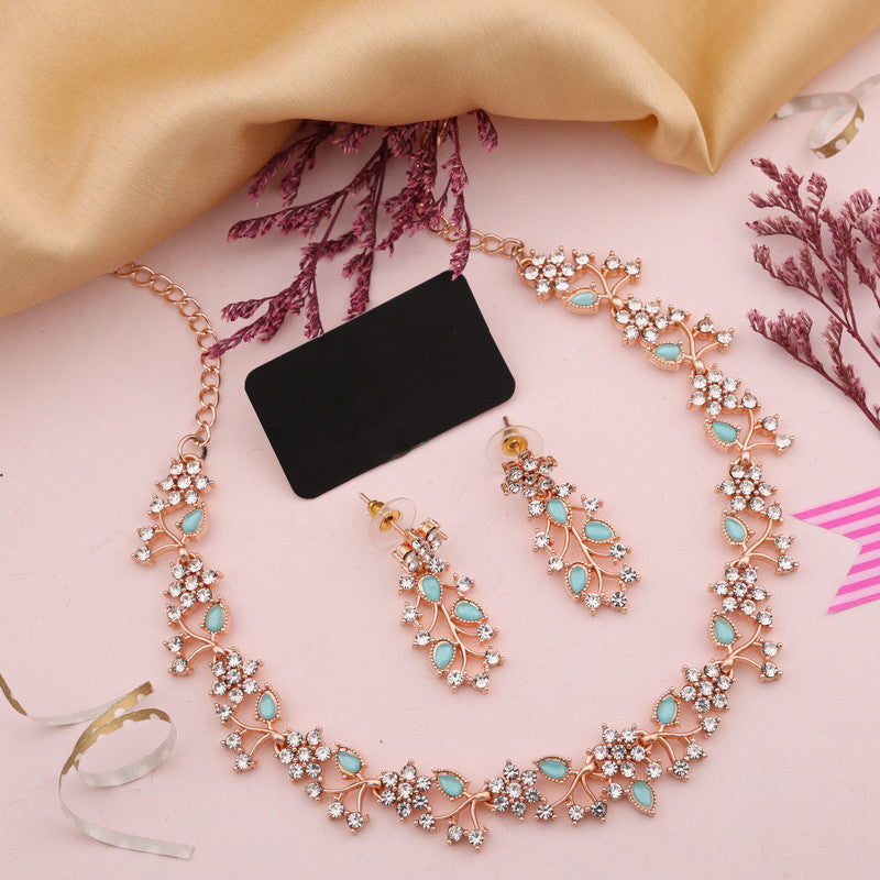 Tehzeeb Creations Rose Gold Pleated White Diamond With Sky Blue Beads Necklace Set - Swadesiicart