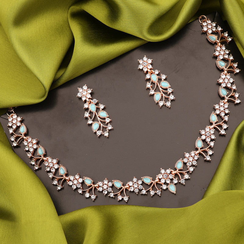 Tehzeeb Creations Rose Gold Pleated White Diamond With Sky Blue Beads Necklace Set - Swadesiicart