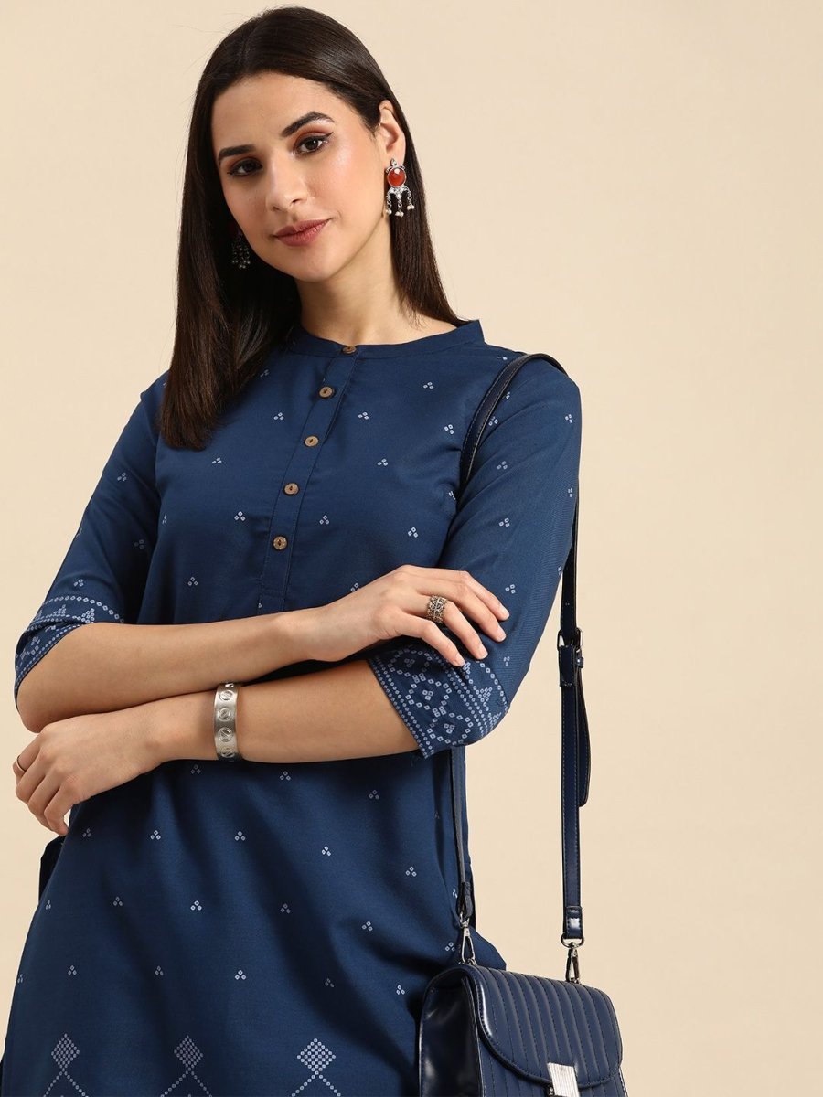 Anouk Women Mandarin Collar Bandhani Printed Indigo Kurta - Swadesiicart