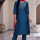 W for Woman Blue Embroidered Shantung Kurta, Pants And Dupatta Set