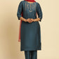 W for Woman Blue Embroidered Shantung Kurta, Pants And Dupatta Set