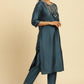 W for Woman Blue Embroidered Shantung Kurta, Pants And Dupatta Set