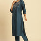 W for Woman Blue Embroidered Shantung Kurta, Pants And Dupatta Set