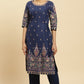 W for Woman Blue Printed Festive Kurta wirh Side Tie-up Design