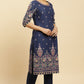 W for Woman Blue Printed Festive Kurta wirh Side Tie-up Design
