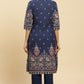 W for Woman Blue Printed Festive Kurta wirh Side Tie-up Design