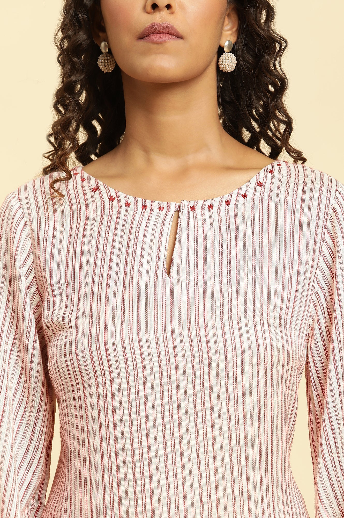 W for Woman White Striped Schiffli Rayon Dobby Straight Kurta and Slim Pant Set