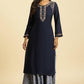 W for Woman Blue Chunky Thread Embroidered Straight Festive Kurta