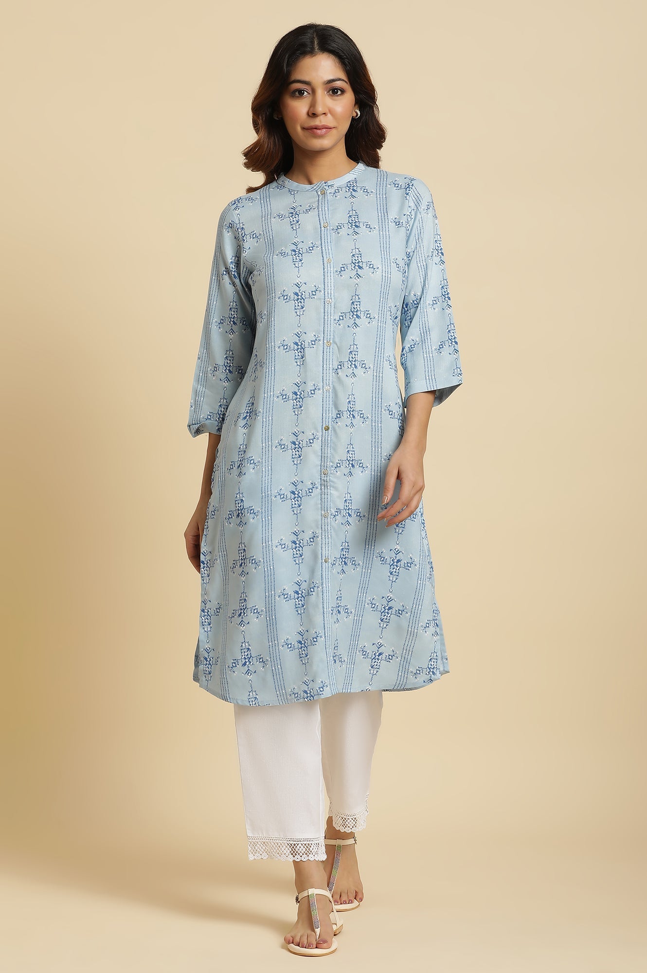 W for Woman Blue Geometric Printed Shirt Kurta
