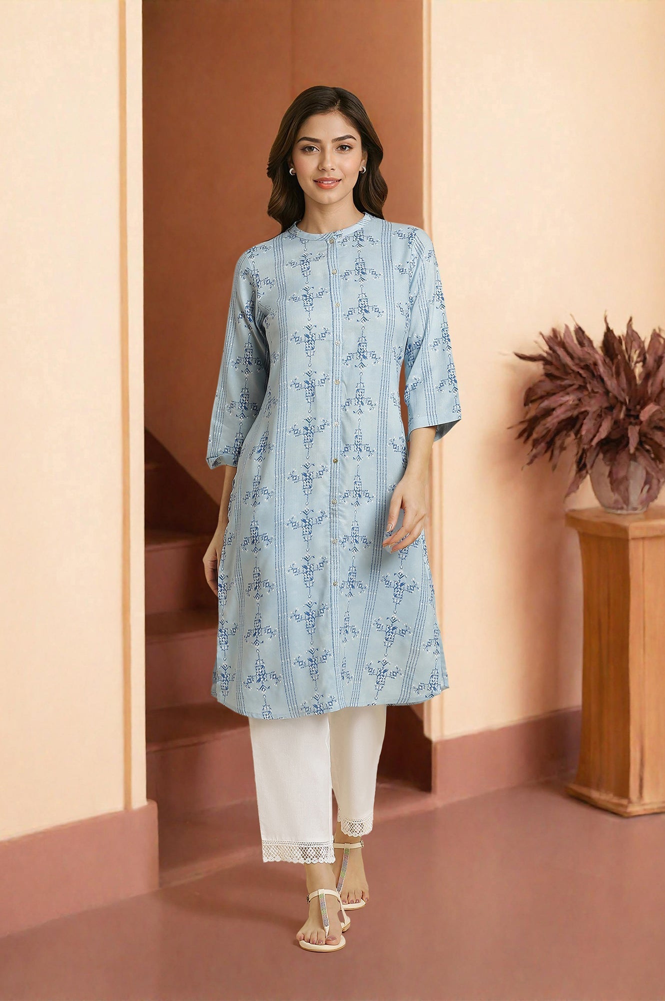 W for Woman Blue Geometric Printed Shirt Kurta