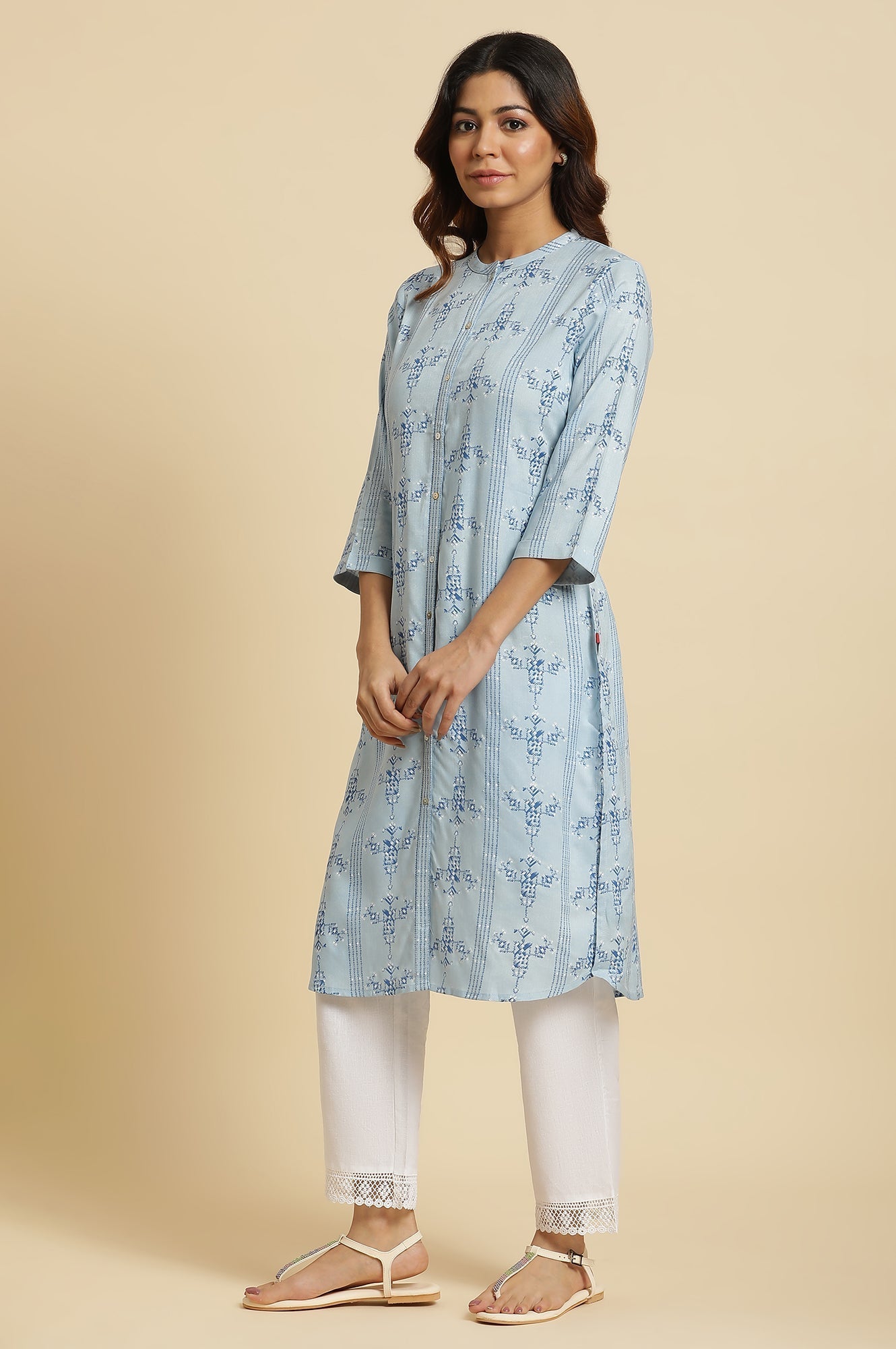 W for Woman Blue Geometric Printed Shirt Kurta