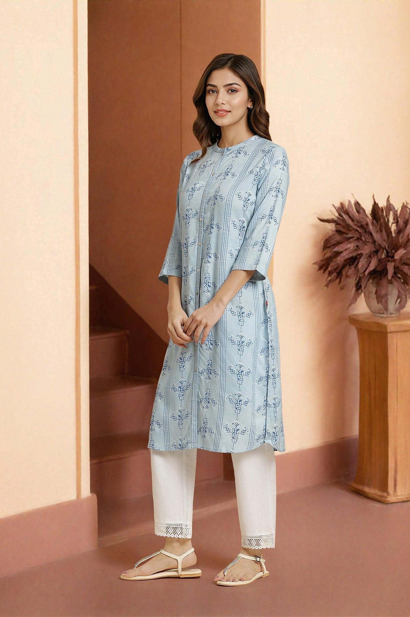 W for Woman Blue Geometric Printed Shirt Kurta