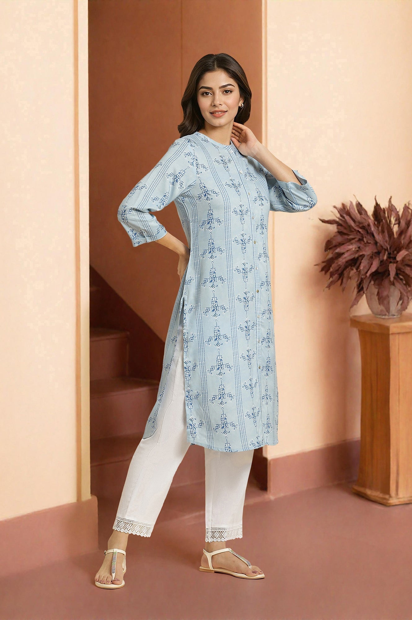 W for Woman Blue Geometric Printed Shirt Kurta