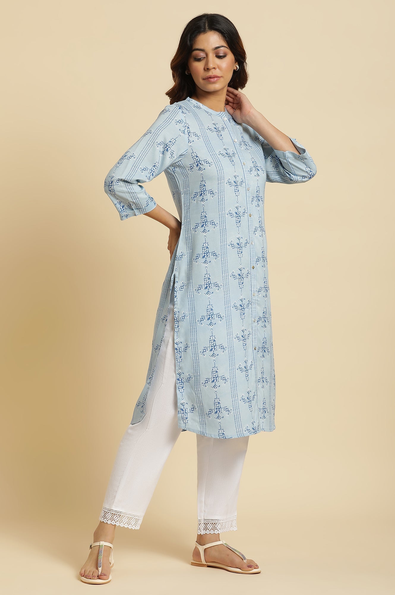 W for Woman Blue Geometric Printed Shirt Kurta