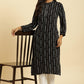 W for Woman Black Printed Mandarin Collar Straight Rayon Kurta
