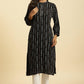 W for Woman Black Printed Mandarin Collar Straight Rayon Kurta