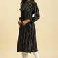 W for Woman Black Printed Mandarin Collar Straight Rayon Kurta