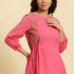 W for Woman Pink Embroidered Solid Side Tie-Up Straight Top