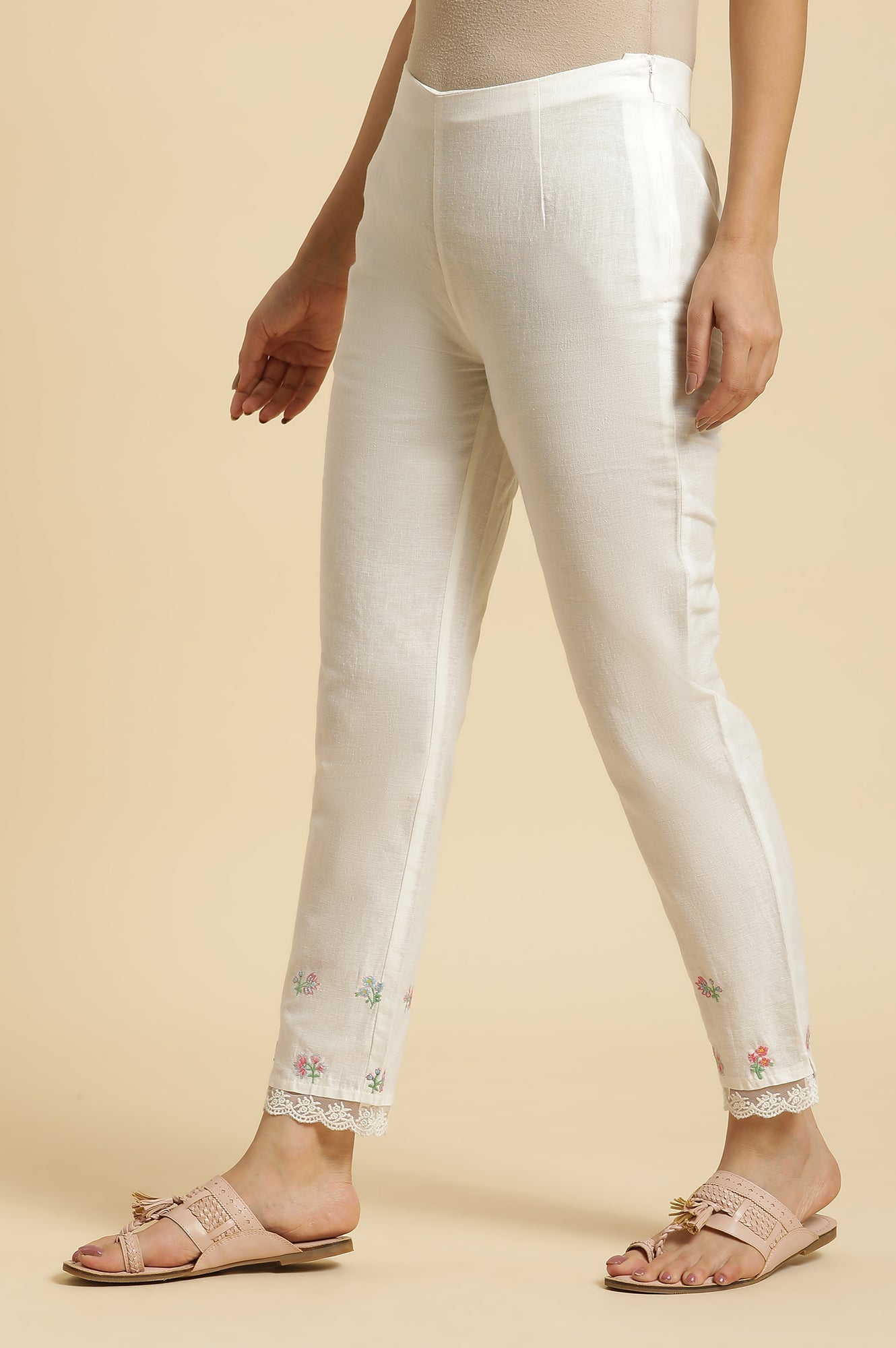 W for Woman White Striped Schiffli Rayon Dobby Straight Kurta and Slim Pant Set