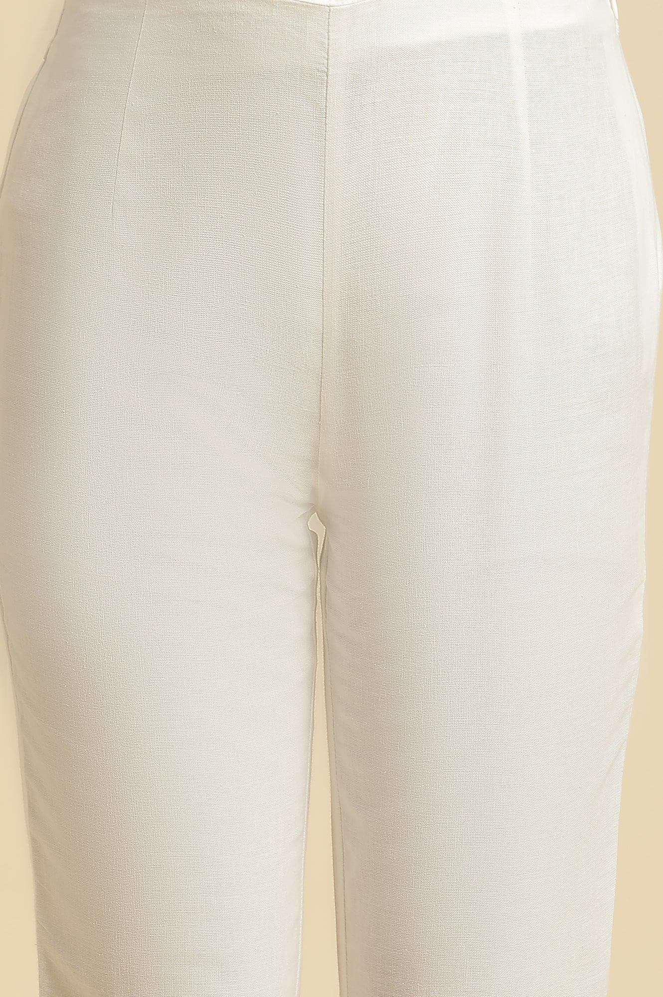W for Woman White Striped Schiffli Rayon Dobby Straight Kurta and Slim Pant Set