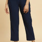 W for Woman Blue Solid Pants With Metallic Sequin Hemline