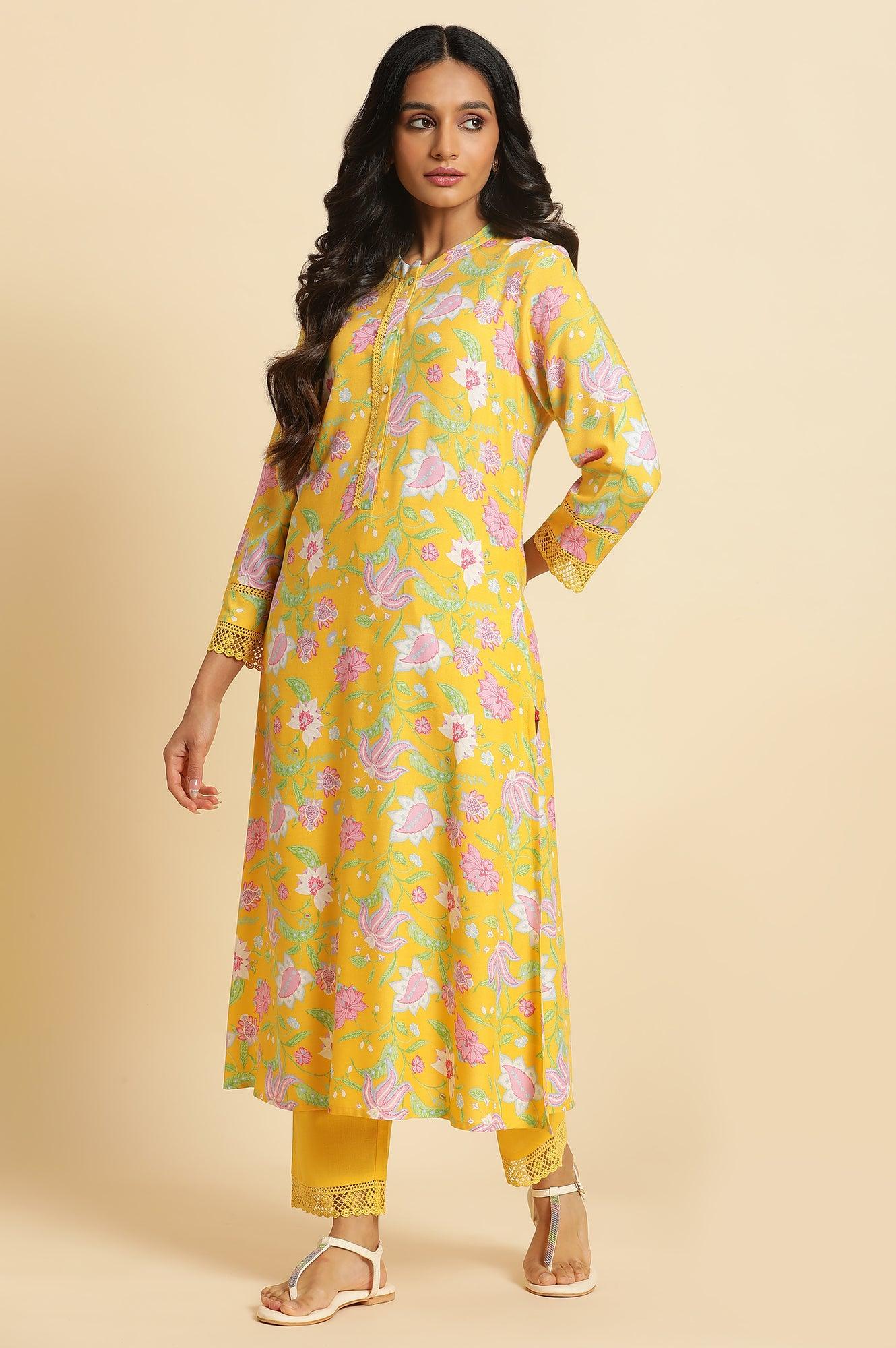 W for Woman Bright Yellow Floral Printed Kurta & Pants Set