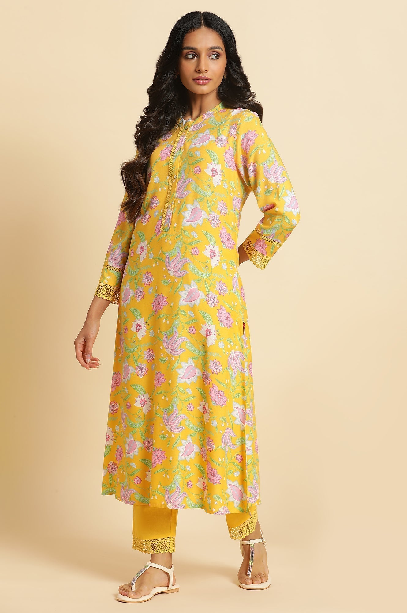 W for Woman Bright Yellow Floral Printed Kurta & Pants Set