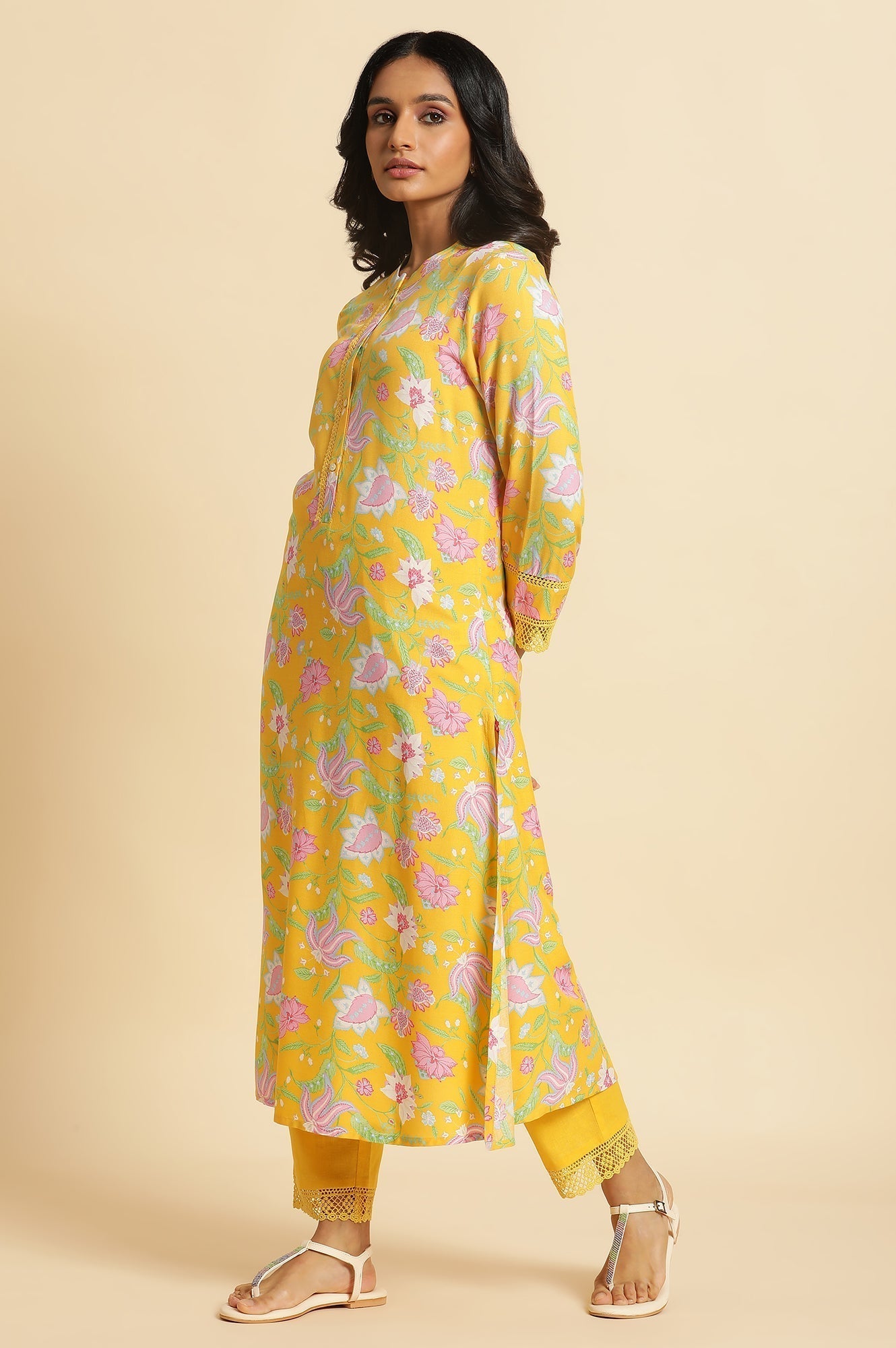 W for Woman Bright Yellow Floral Printed Kurta & Pants Set