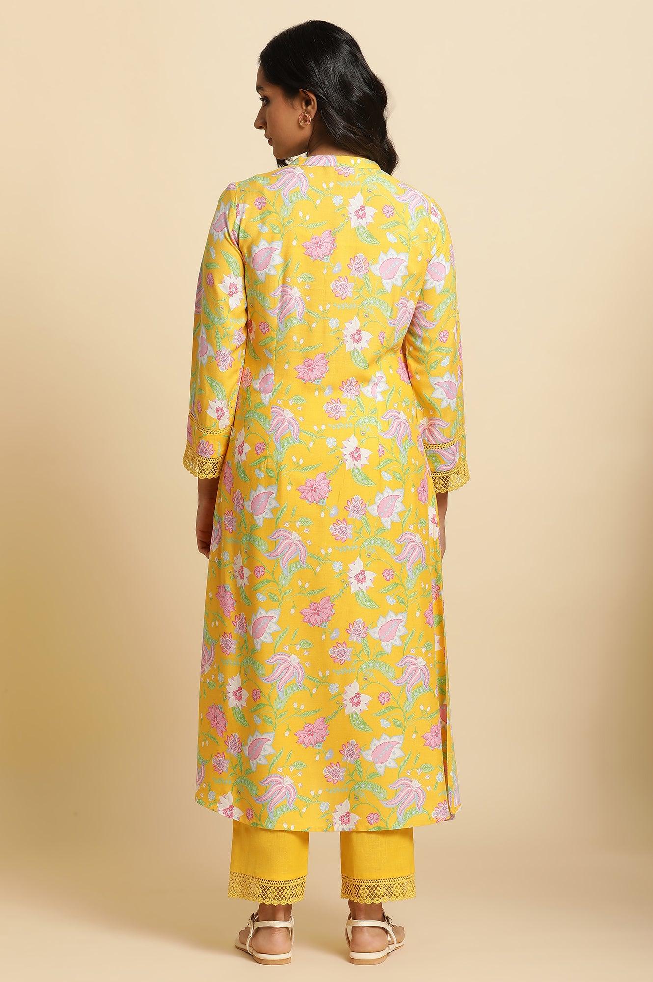 W for Woman Bright Yellow Floral Printed Kurta & Pants Set
