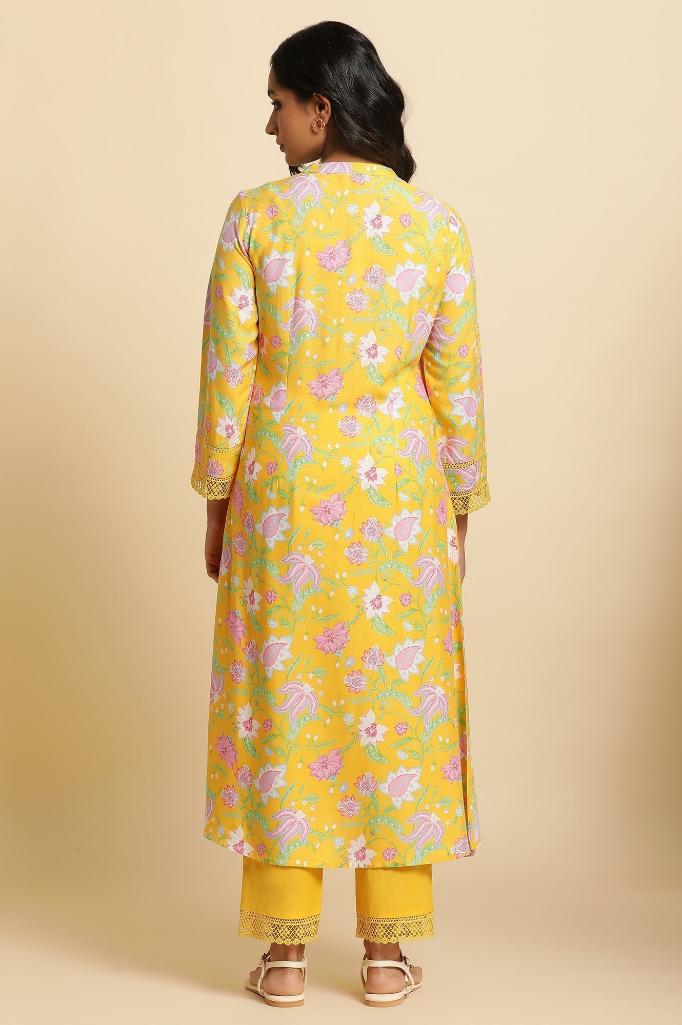 W for Woman Bright Yellow Floral Printed Kurta & Pants Set