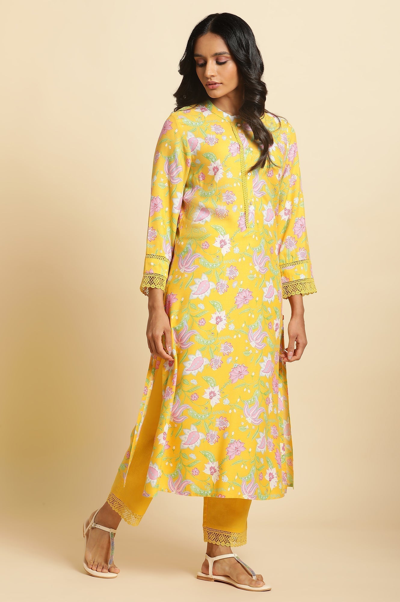 W for Woman Bright Yellow Floral Printed Kurta & Pants Set