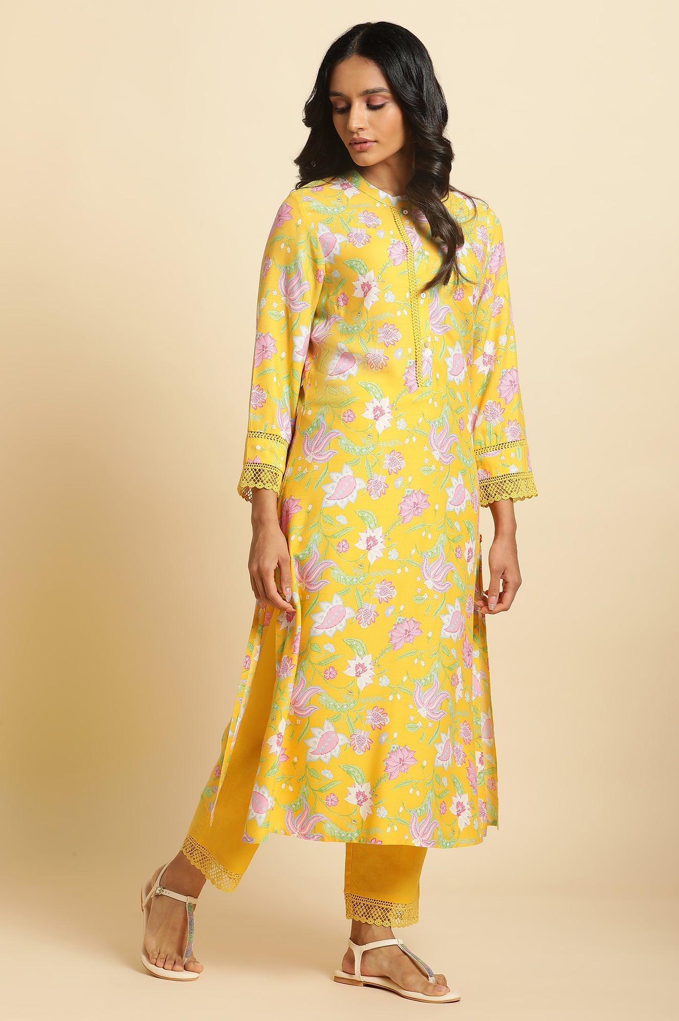 W for Woman Bright Yellow Floral Printed Kurta & Pants Set