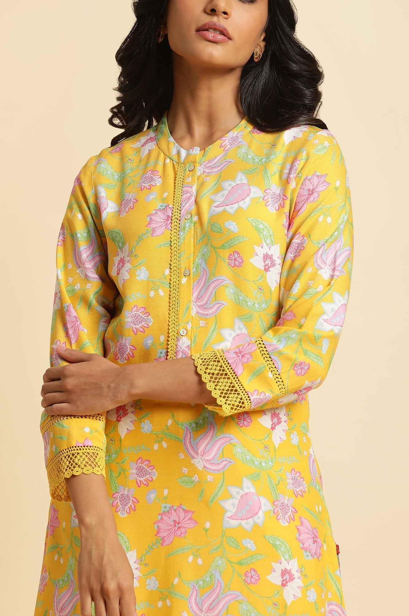 W for Woman Bright Yellow Floral Printed Kurta & Pants Set