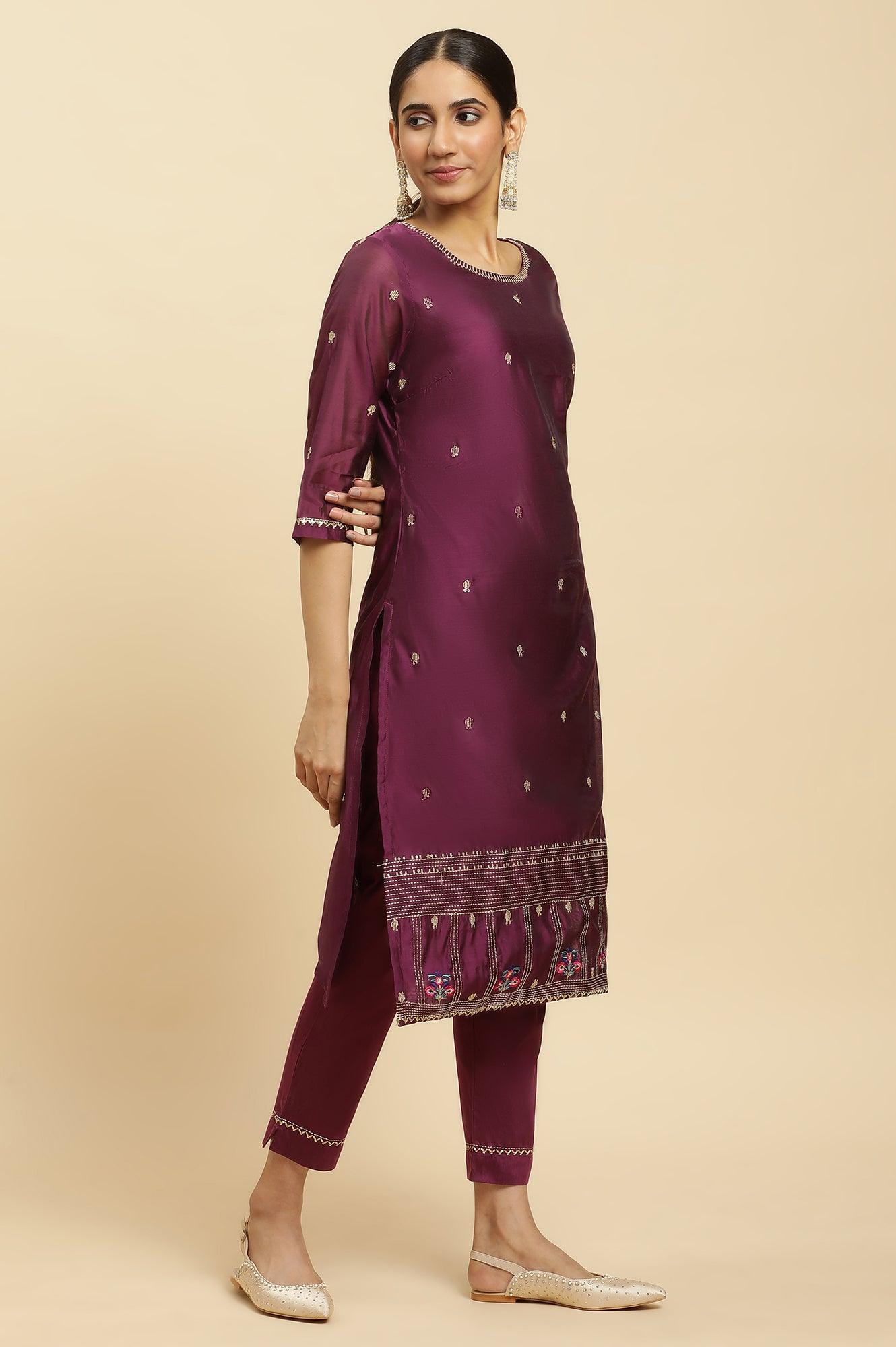 W for Woman Purple Metallic Embroidered Kurta, Pants And Dupatta Set