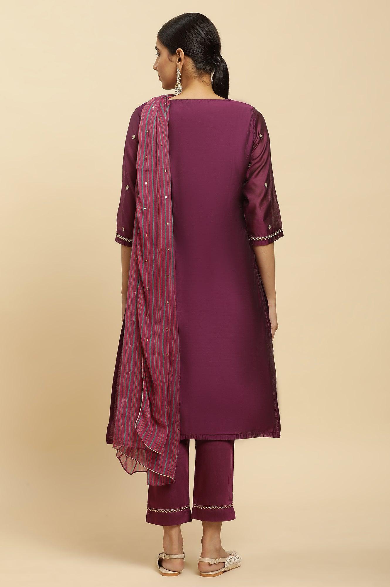 W for Woman Purple Metallic Embroidered Kurta, Pants And Dupatta Set