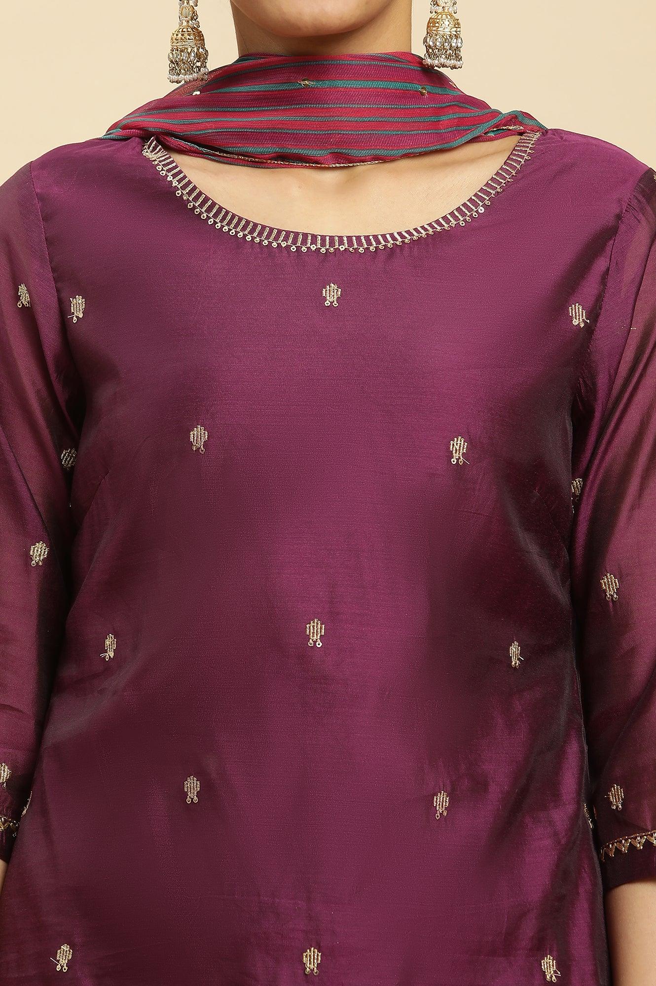 W for Woman Purple Metallic Embroidered Kurta, Pants And Dupatta Set