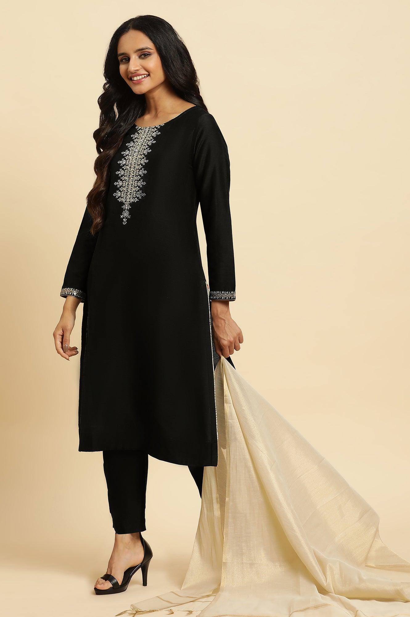 W for Woman Black Zari Embroidered Straight Kurta, Pant And Dupatta Set