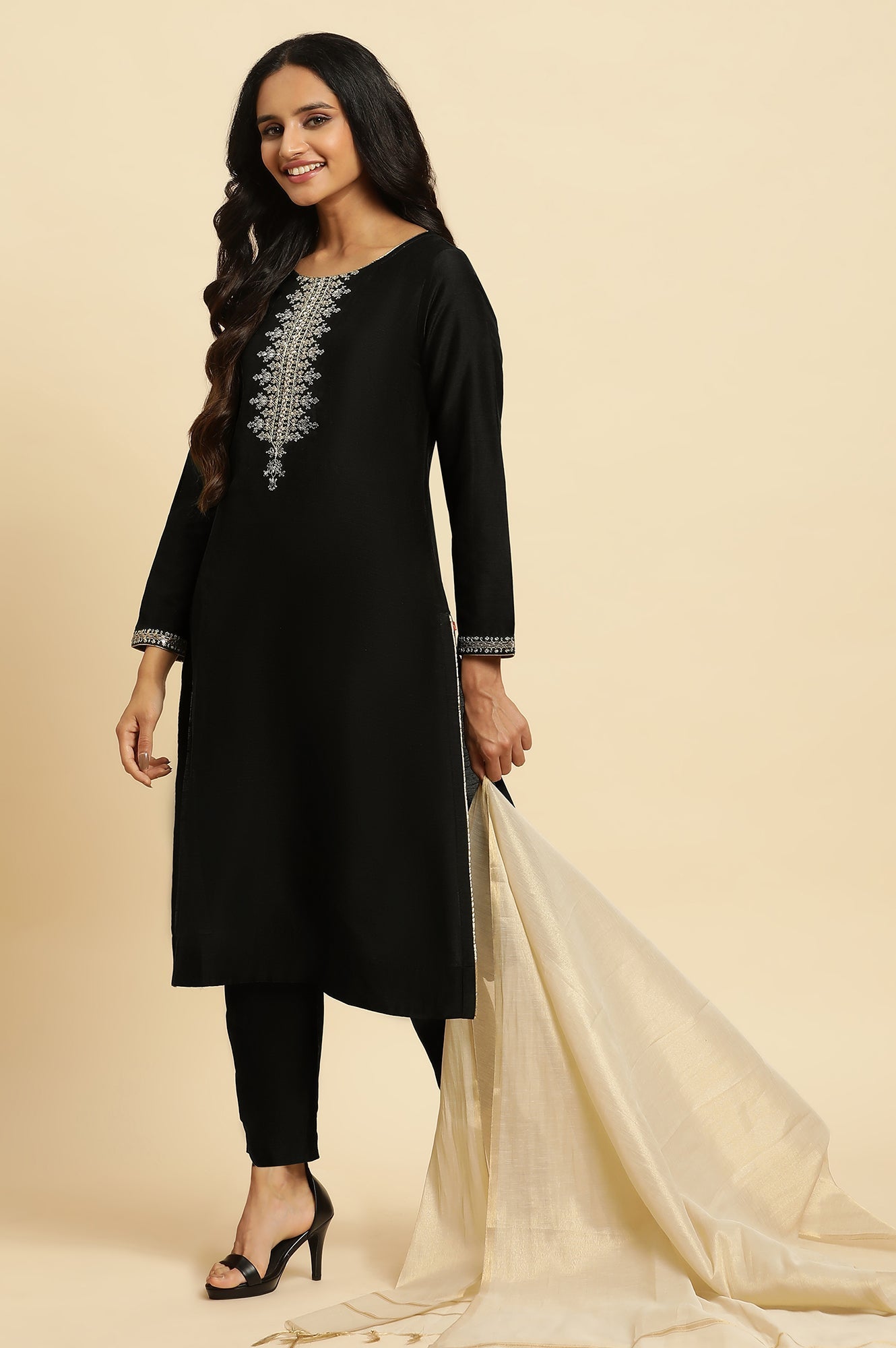 W for Woman Black Zari Embroidered Straight Kurta, Pant And Dupatta Set