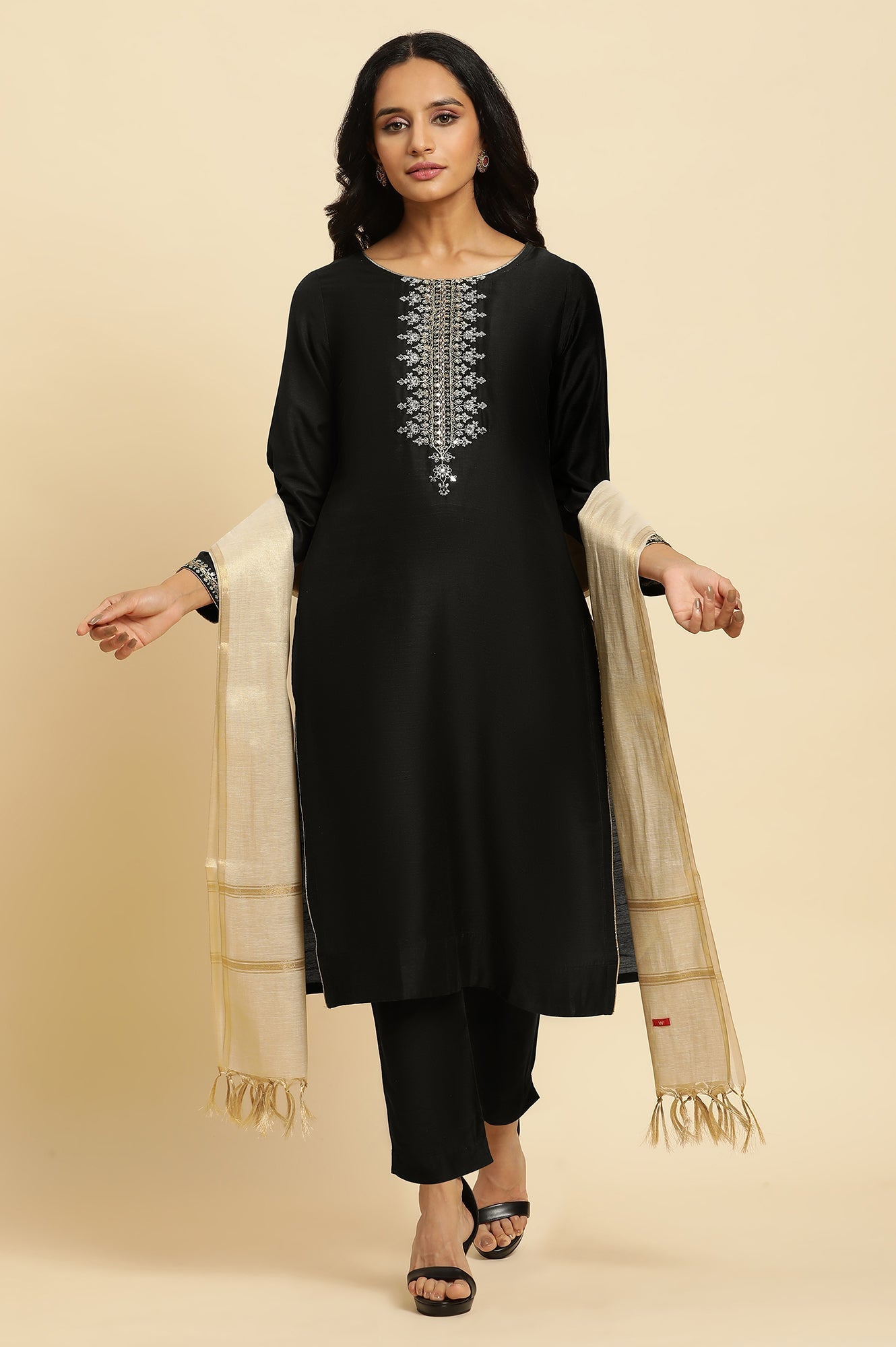 W for Woman Black Zari Embroidered Straight Kurta, Pant And Dupatta Set