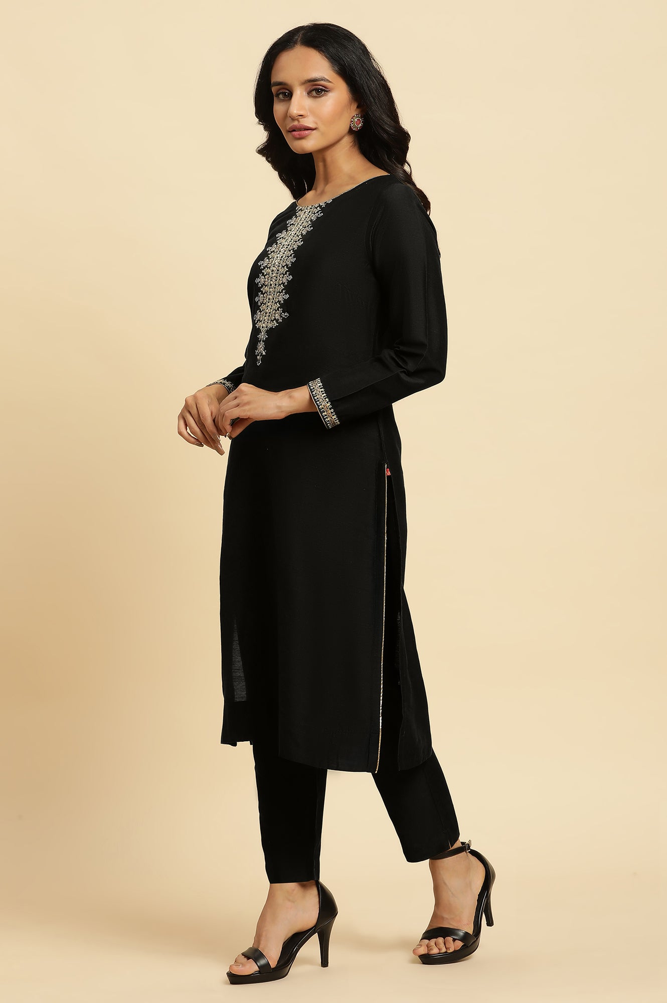 W for Woman Black Zari Embroidered Straight Kurta, Pant And Dupatta Set