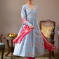 W for Woman Blue Printed Anarkali Kurta, Pants & Dupatta Set
