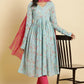 W for Woman Blue Printed Anarkali Kurta, Pants & Dupatta Set