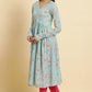 W for Woman Blue Printed Anarkali Kurta, Pants & Dupatta Set