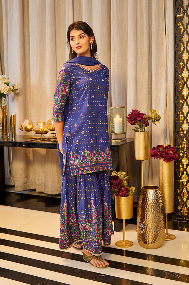 W for Woman Blue Floral Printed Kurta, Sharara And Dupatta Set