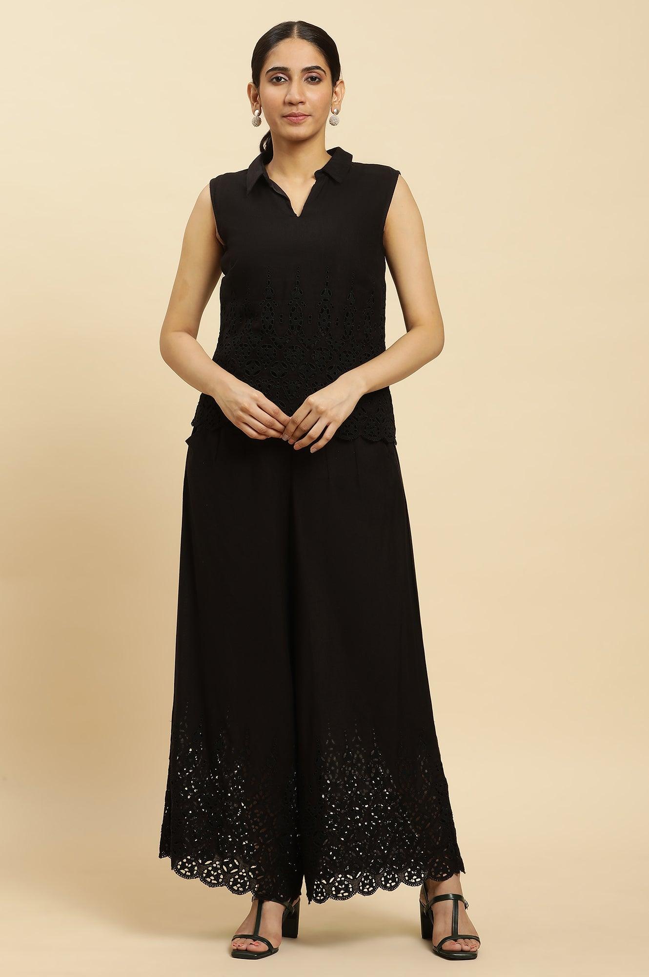W for Woman Black Cotton Schiffli Top And Pants Co-Ord Set