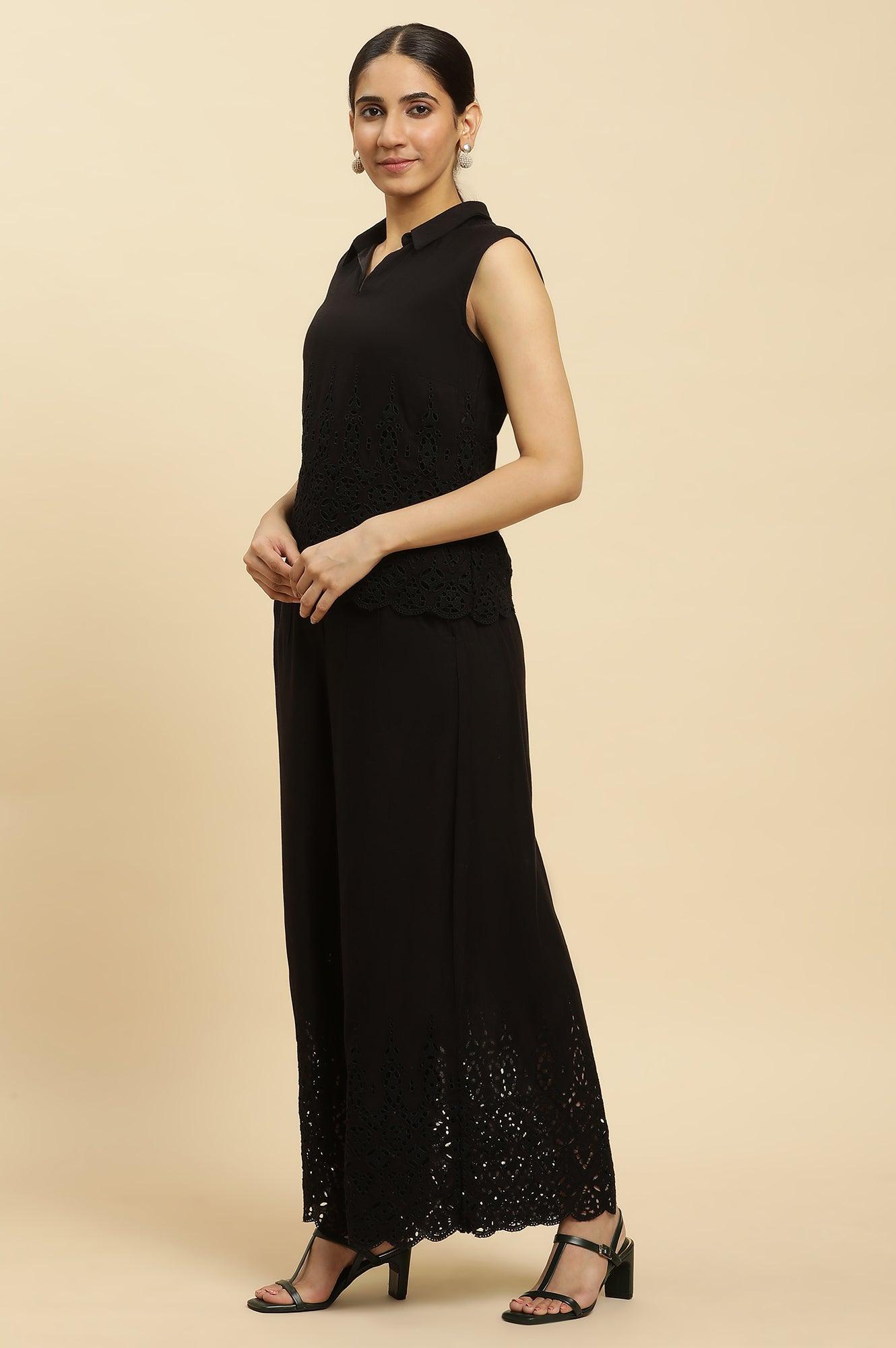 W for Woman Black Cotton Schiffli Top And Pants Co-Ord Set