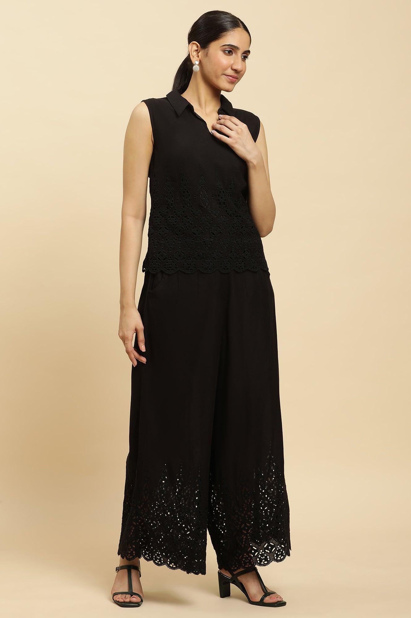 W for Woman Black Cotton Schiffli Top And Pants Co-Ord Set