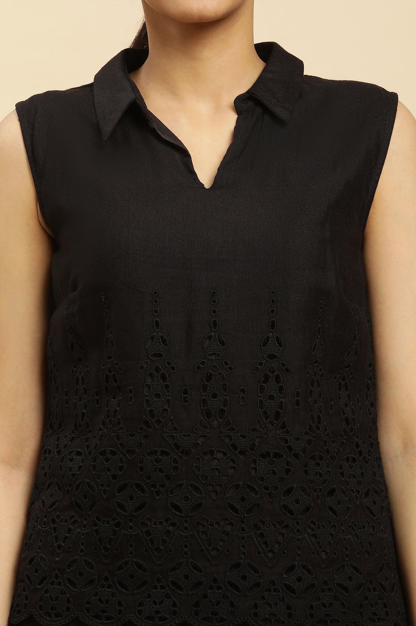 W for Woman Black Cotton Schiffli Top And Pants Co-Ord Set